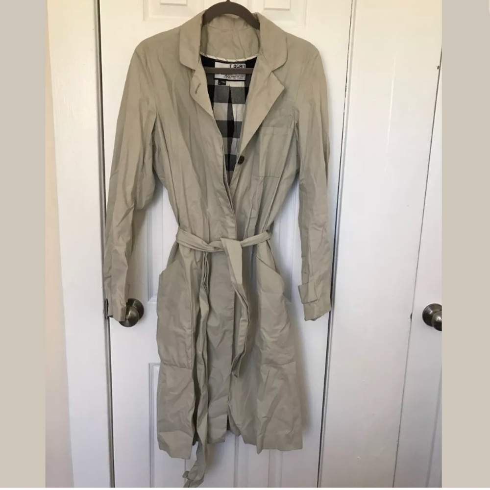 Rogan Trench Coat SZ L Belted Khaki Long Sleeve